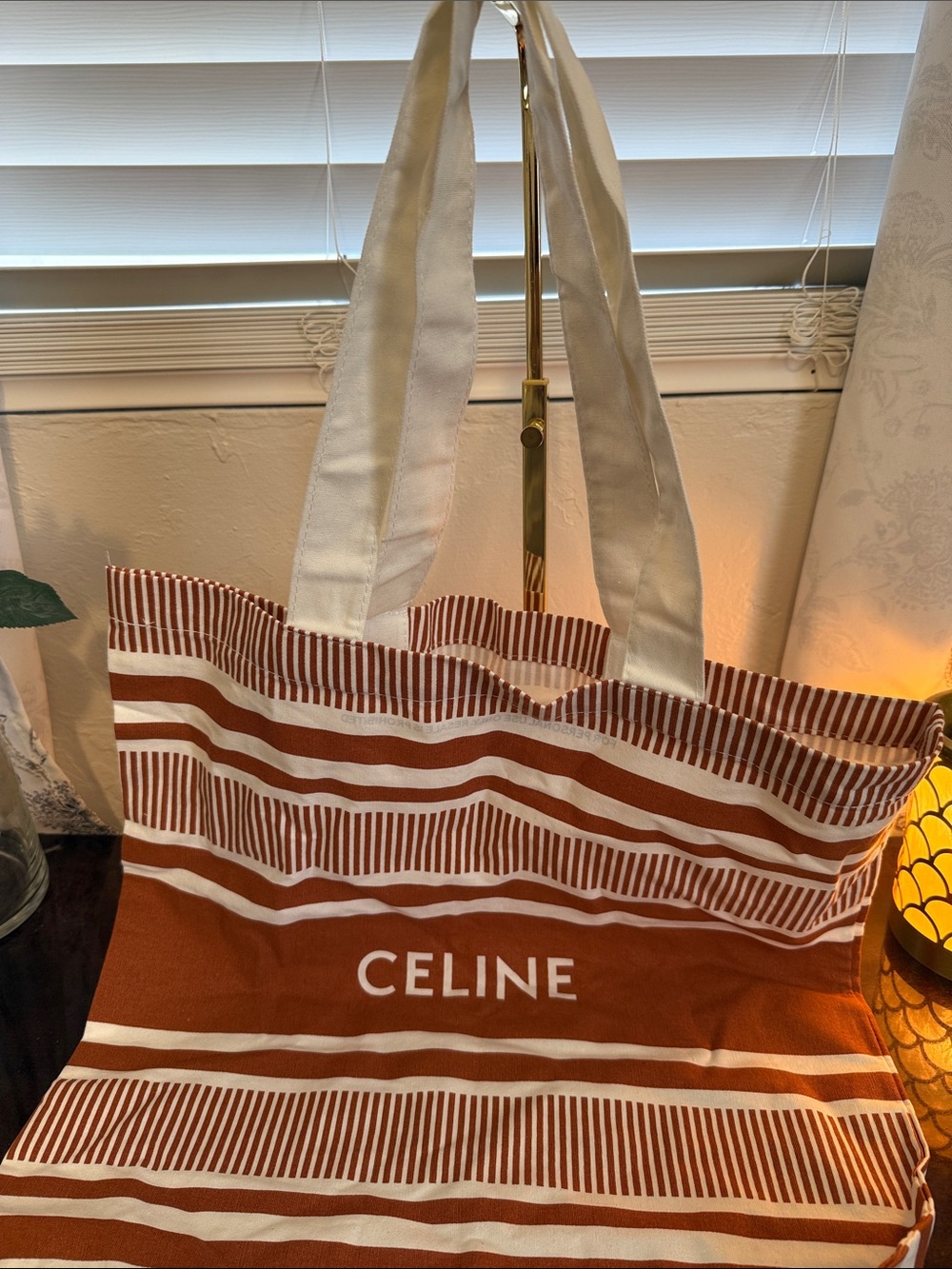 Celine Brown and Cream Striped Canvas Tote